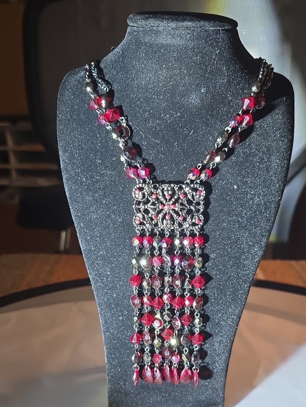 Vintage 2028 Jewelry Company "Gothic Midnight" Red Rhinestone Tassel Necklace